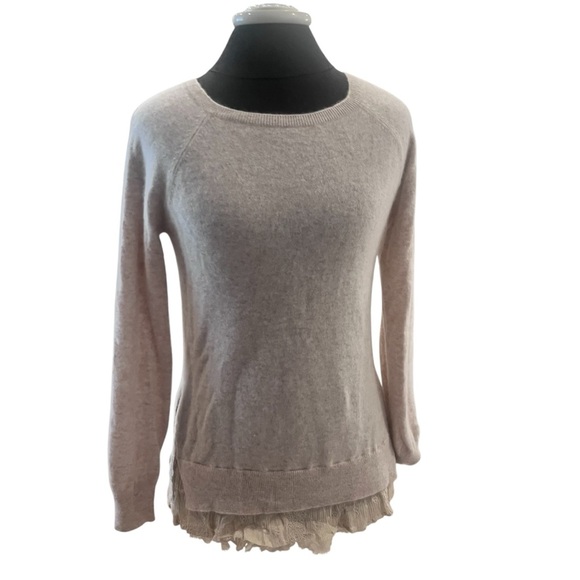 Garnet Hill Oatmeal Cashmere Sweater with Silk Lace Detail Small - Picture 1 of 8